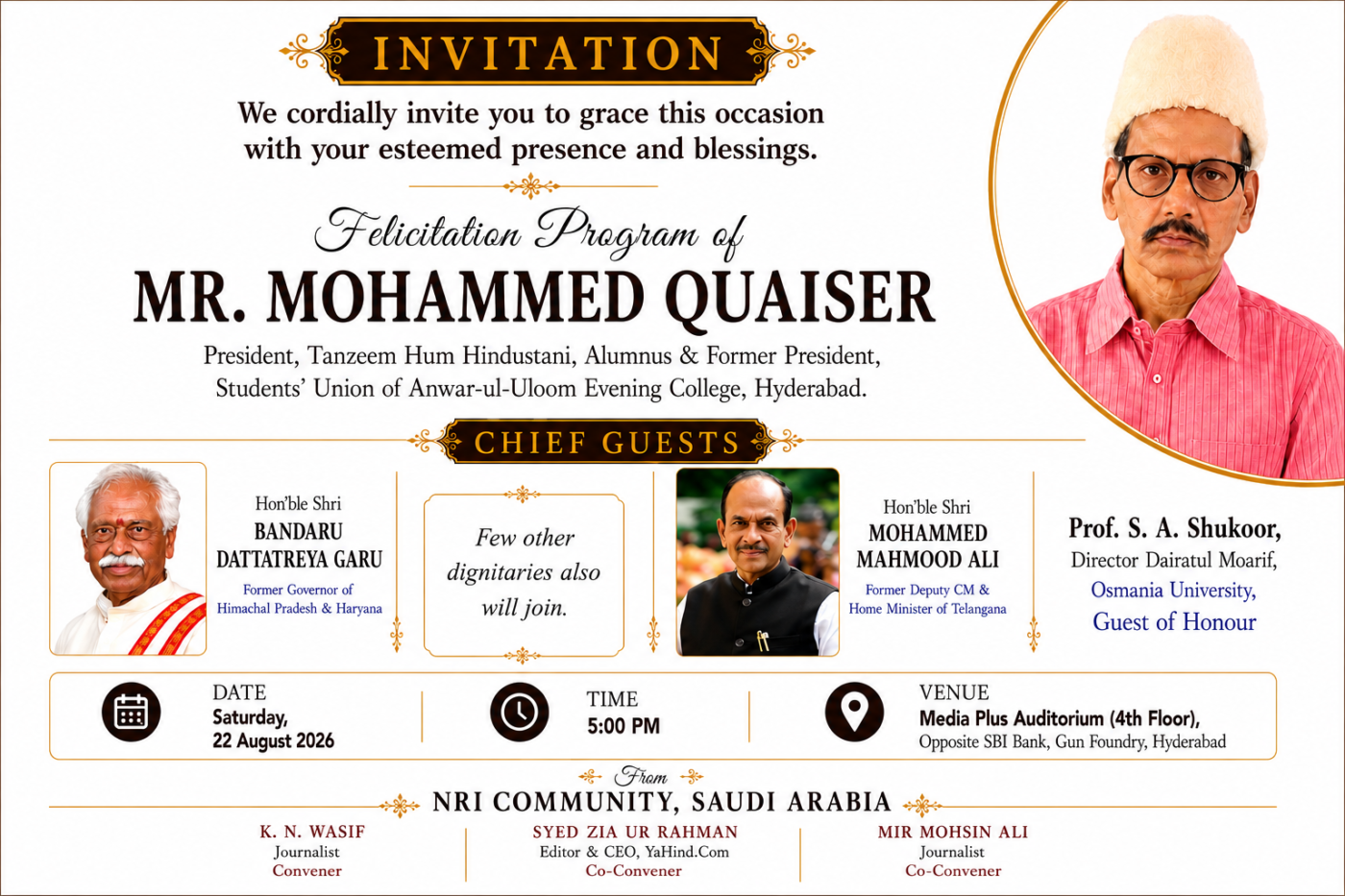 NRI Community to Felicitate Mohammed Quaiser in Hyderabad on August 22