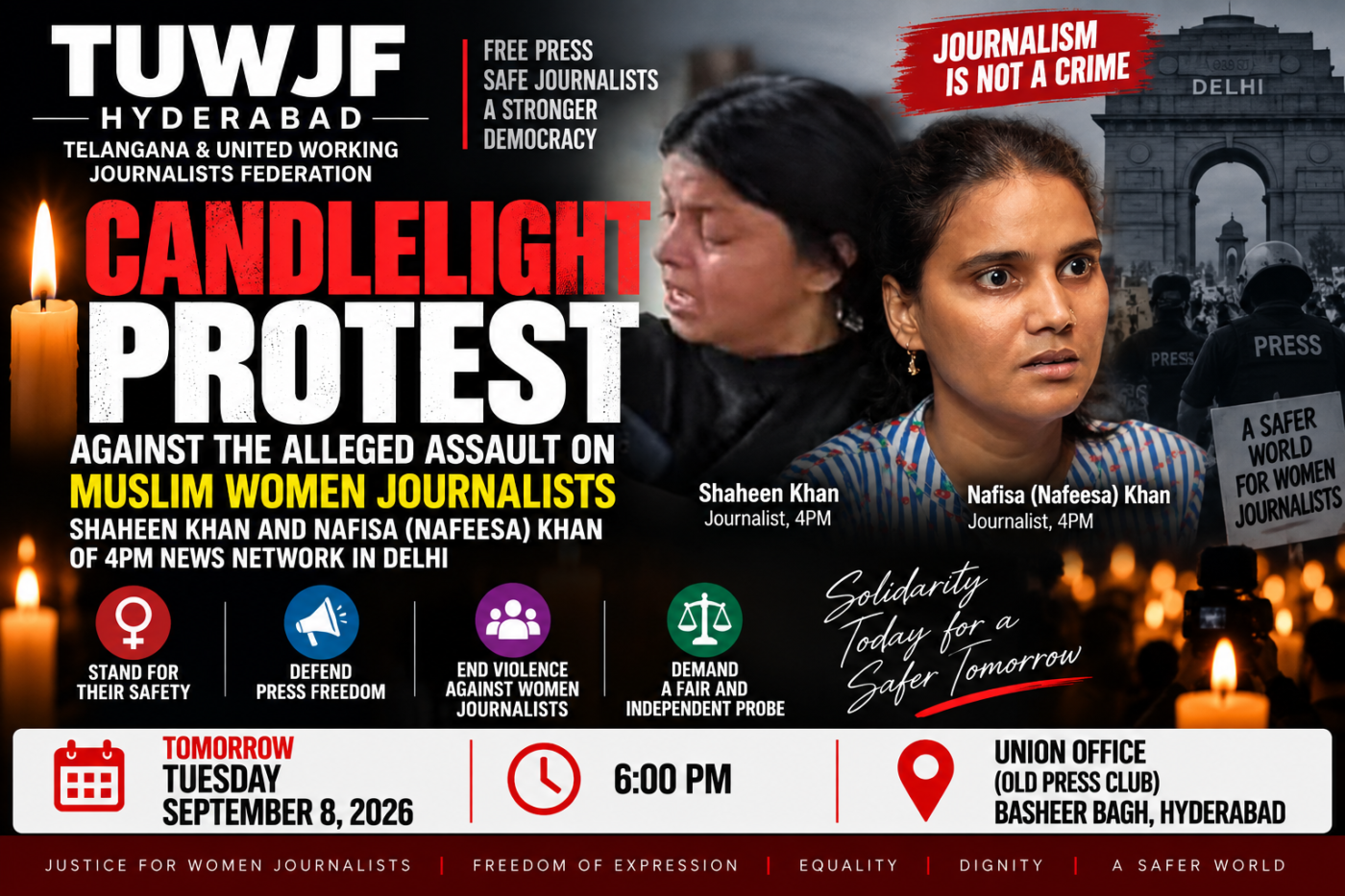 TUWJF Hyderabad to Stage Candlelight Protest Against Alleged Assault on Muslim Women Journalists in Delhi