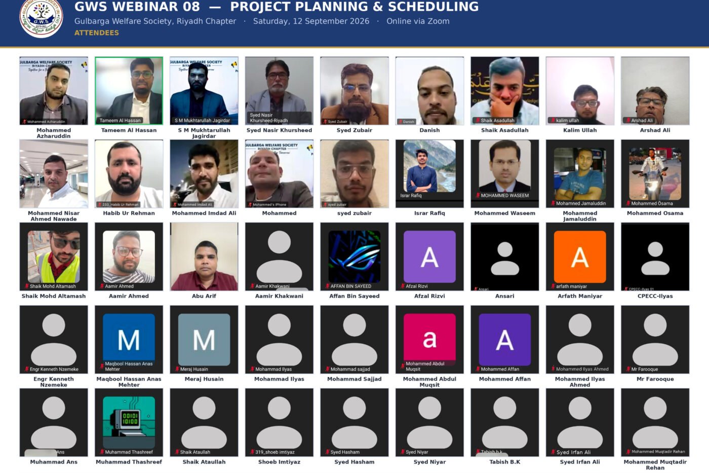 Gulbarga Welfare Society Riyadh Chapter Hosts Successful Webinar on Project Planning & Scheduling